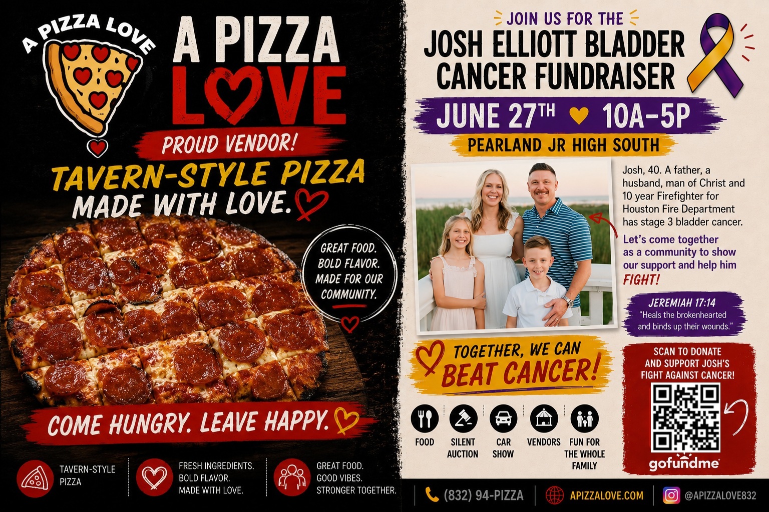 Josh Elliott Bladder Cancer Fundraiser flyer featuring A Pizza Love as a proud vendor
